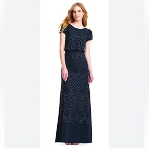 Adrianna Papell Navy Beaded Maxi Evening Dress Size 4